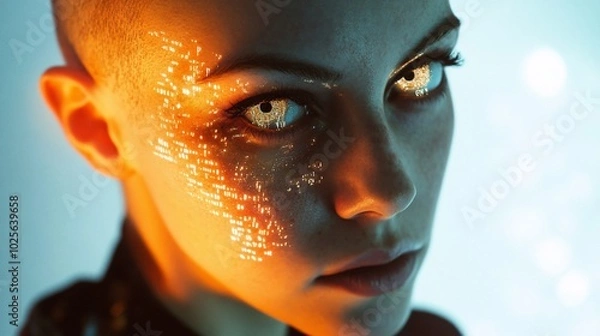 Fototapeta Close-up portrait of a woman with white eyes and a futuristic, glowing makeup design on her face.