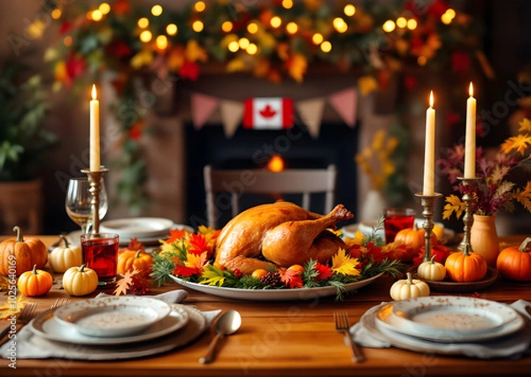 Fototapeta Thanksgiving Dinner Table Setting with Roasted Turkey