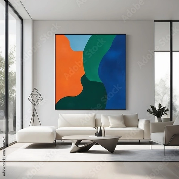 Fototapeta Minimalist Scandinavian living room, abstract wall art with geometric designs