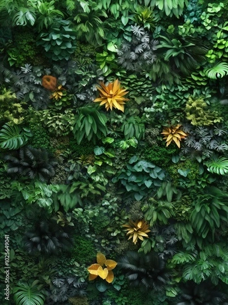 Fototapeta Lush Green Plants Wall Texture Banner, Vertical Garden with Ferns, Moss, and Vibrant Foliage, Perfect for Natural Decor and Design Backdrops