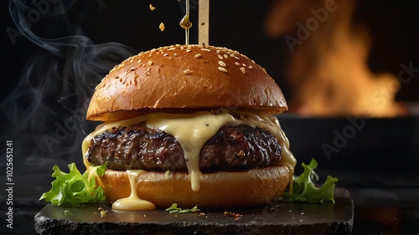 Obraz An indulgent, cheese-stuffed burger with layers of crispy fried onions, pickles, and dripping barbecue sauce.