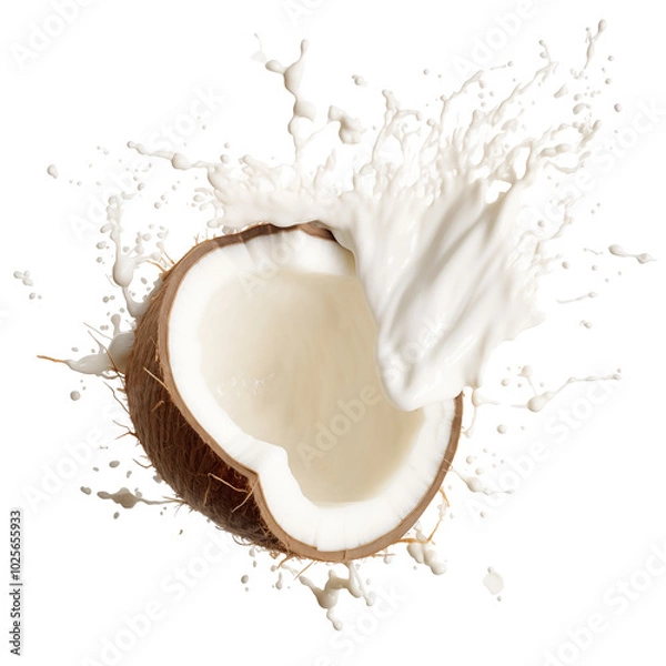 Fototapeta Coconut half splashing coconut milk on a white background captured in bright lighting