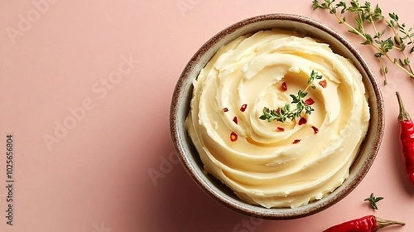 Fototapeta A swirl of cowboy butter in a small bowl, isolated on a soft pink background with a chili pepper and thyme sprig for garnish