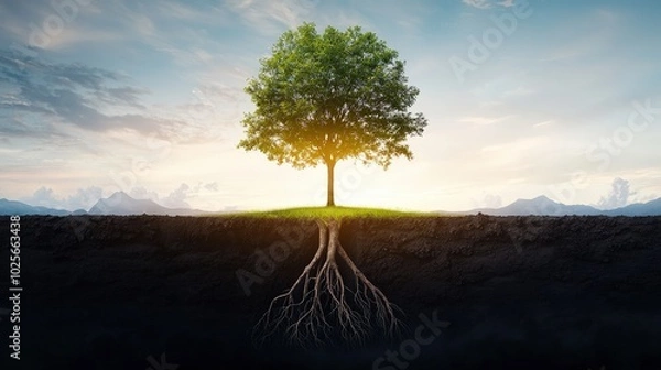 Fototapeta A tree with roots that reach deep into the earth, symbolizing a solid foundation for growth.