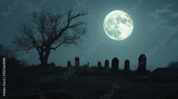 Fototapeta An empty scene featuring a silhouette of a creepy graveyard with crooked tombstones and gnarled trees under a luminous full moon,