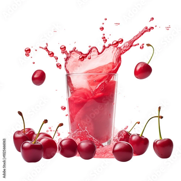 Fototapeta Refreshing cherry juice splash with whole cherries on white background during bright daylight