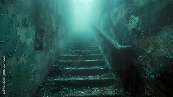 Fototapeta Eerie Abandoned Staircase in a Foggy Building