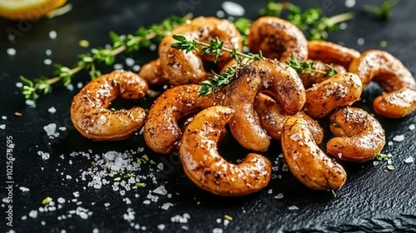 Fototapeta Roasted cashew nuts sprinkled with sea salt, isolated on a black slate background with decorative thyme and lemon zest