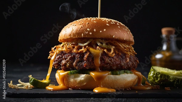 Obraz An indulgent, cheese-stuffed burger with layers of crispy fried onions, pickles, and dripping barbecue sauce.