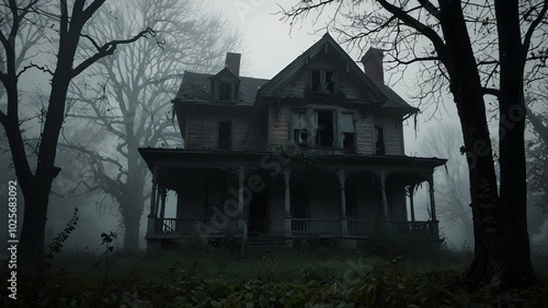 Obraz Haunted House with Ghostly Silhouettes – A Spooky Scene of Paranormal Mystery