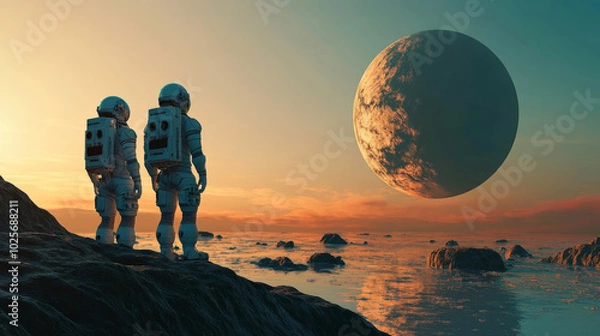Fototapeta AI in space exploration, with robots landing on an alien planet