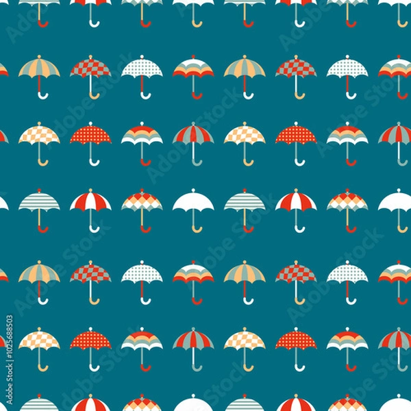 Fototapeta Geometric umbrella seamless pattern in retro style. Perfect print for T-shirt, textile and fabric. Hand drawn illustration.