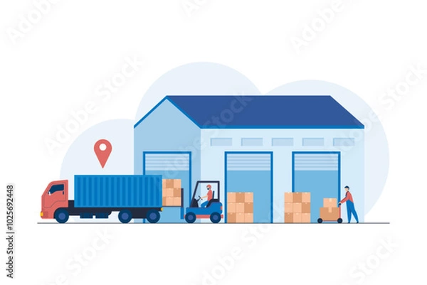 Fototapeta Commercial Truck for Regional Transportation Solutions with Forklift Loading Pallets in Distribution Center. Efficient Cargo Handling and Distribution.