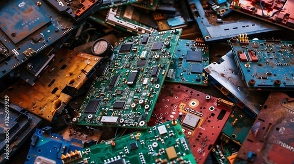 Fototapeta a heap of electronic and computer hardware waste for disposal or recycling junked computer parts