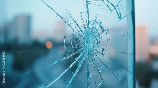 Fototapeta Close-up of shattered glass with intricate cracks and blue tones, artistic view.