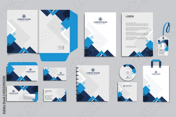 Obraz office business stationary set with white color background vector design with letter head envelop folder id card notepad dvd cover usb paper clip pen pencil cups business card shopper