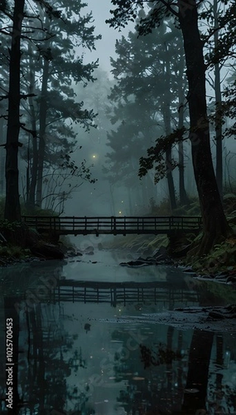 Fototapeta Misty Troll Bridge Over a Haunted River – Eerie Forest Setting with Glowing Lights