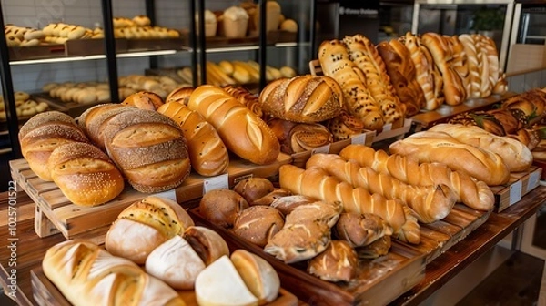 Fototapeta Breads on display in a bakery
