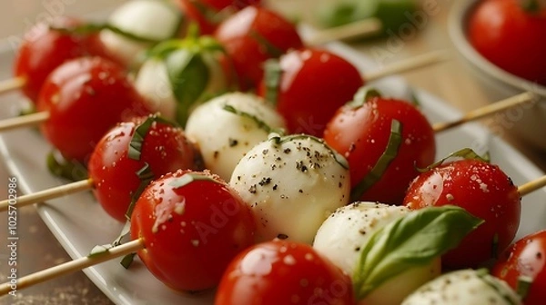 Fototapeta Caprese appetizer with tomato basil and mozzarella on a stick