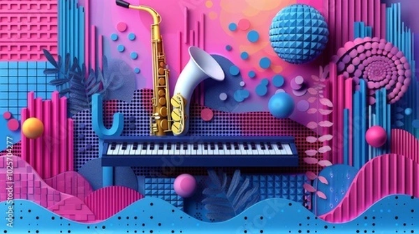 Fototapeta Modern Jazz Abstract: Saxophone and Keyboard with Vibrant Colors and Geometric Patterns for a Creative Music Poster