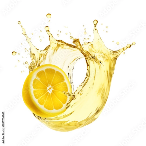 Fototapeta A fresh lemon slice splashes into clear water creating vibrant droplets and ripples