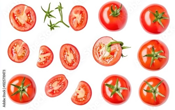 Fototapeta A high-resolution image of perfectly ripe, vibrant red tomatoes isolated on a pure white background. 