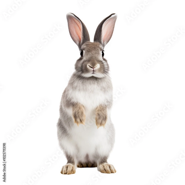 Fototapeta Gray rabbit standing upright on white background in a calm and curious pose