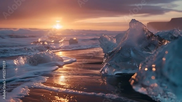 Fototapeta Diamond beach in iceland sunset time