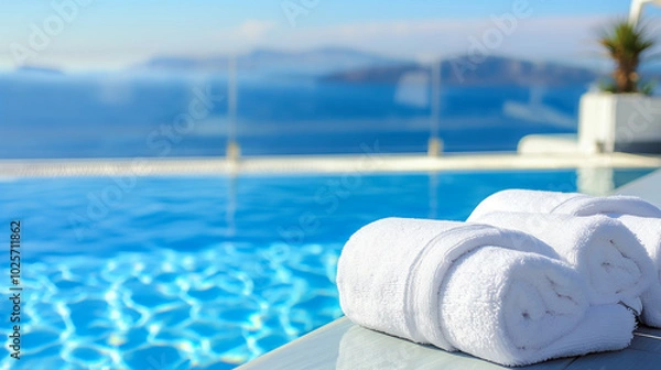 Fototapeta Close up of white towels next to a swimming pool with blue water and sea view, vacation concept