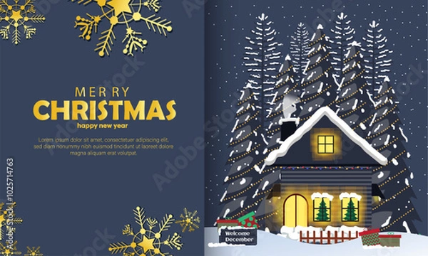 Obraz a black house in winter in the night with mountain view and snow in collection for christmas editable template greeting card stories template, landscape christmas background