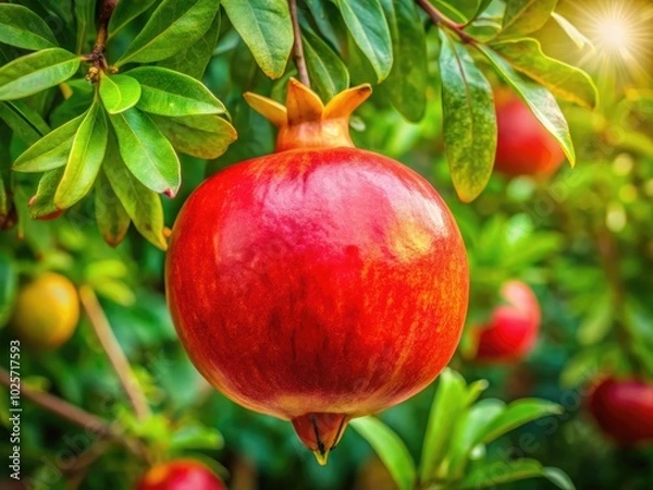 Fototapeta A vibrant red pomegranate rests on a tree branch, nestled among lush greenery, captured in close-up photography that highlights the richness of the garden.