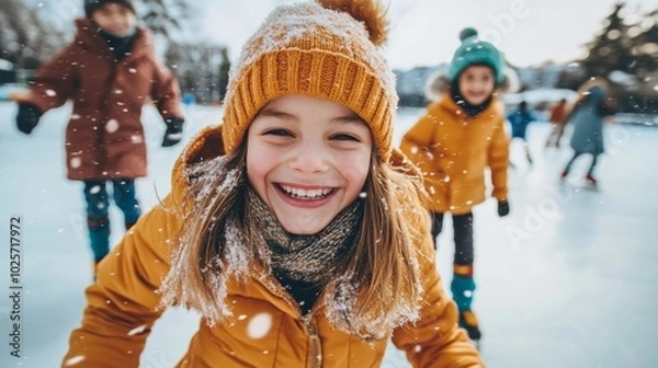 Obraz Children enjoying ice skating at a winter rink while smiling and playing in the snow on a sunny day