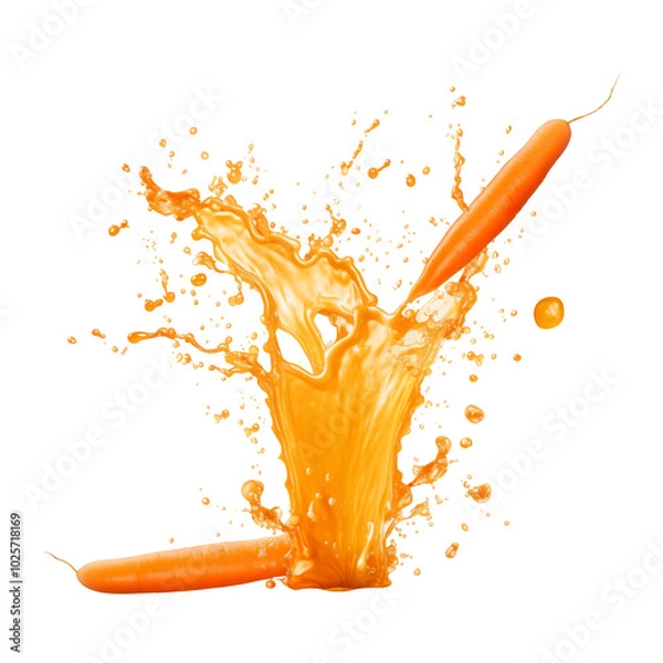 Fototapeta Fresh carrots create a splash as they are submerged in vibrant orange juice
