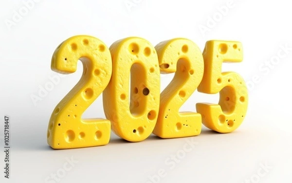 Fototapeta 3D bold font text "2025" with cheese texture stand on white background. realistic modern design, soft lighting 