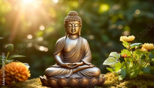 Fototapeta Serene Buddha statue surrounded by nature, symbolizing peace and tranquility in a lush garden setting.