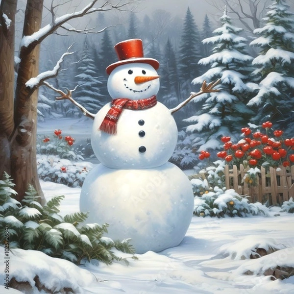 Fototapeta Snowman in garden with winter landscape and icicle from the roof.