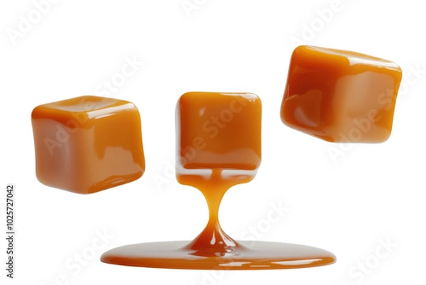 Fototapeta Floating caramel cubes with glossy finish. Transparent background png.