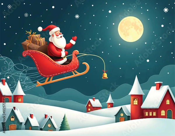 Fototapeta a cartoon illustration of santa is riding a sleigh with a christmas tree and moon in the background
