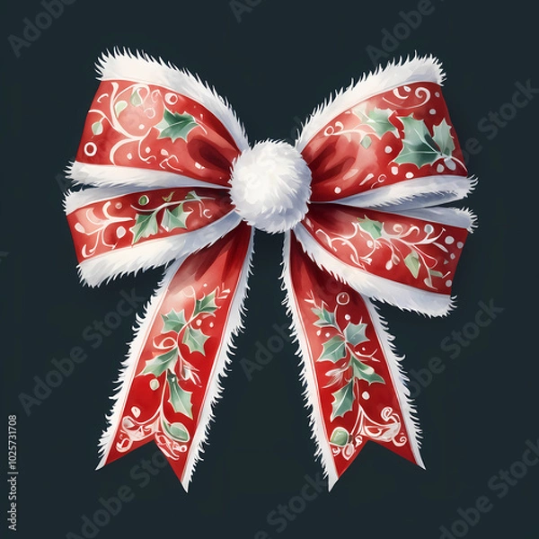 Fototapeta a watercolors painting of a bow decorated in red and white with fluffy white trim with holly leaves and berrieson white background.