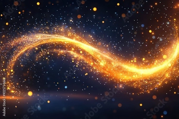 Fototapeta Magical golden particle wave on dark blue background