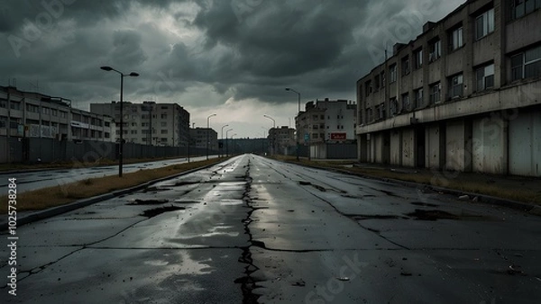 Obraz Abandoned Urban Landscape with Broken Roads and Decaying Buildings