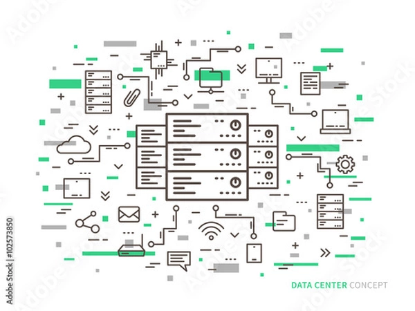 Obraz Linear data center (server park, hosting center) vector illustration. Data center (network equipment, hosting storage, database technology) creative concept. 