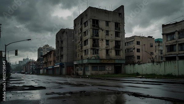 Obraz Abandoned Urban Landscape with Broken Roads and Decaying Buildings