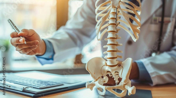 Fototapeta Closeup of a doctor pointing to a human spine model with a pen, emphasizing spinal healthcare and back pain treatment. Selective focus.