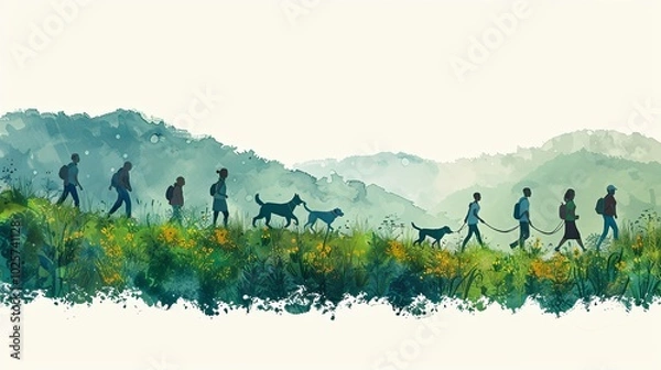 Fototapeta Group of diverse people walking dogs in a park with hills and clouds in the background