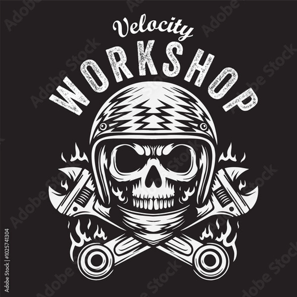 Fototapeta Vintage illustration of a skull head with helmet and wrench