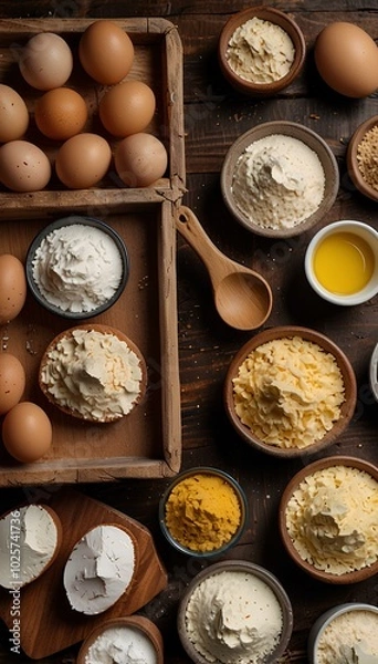 Fototapeta Flat Lay of Baking Ingredients: Flour, Eggs, Butter, and Sugar on Rustic Wooden Table