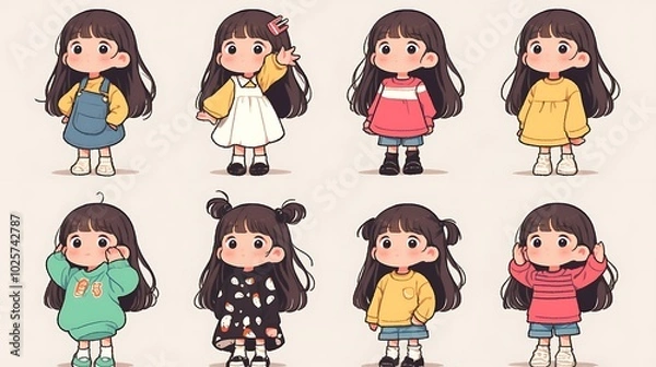 Fototapeta Cute cartoon girl character in different outfits.