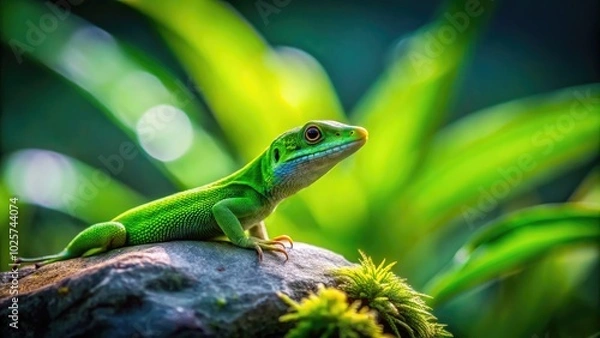 Obraz Resting on a tranquil background, a minimalist green lizard embodies the essence of nature's elegance. Its vivid green color enhances the peaceful scenery surrounding it.