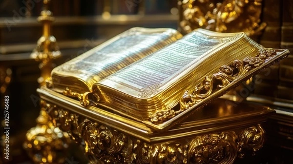 Fototapeta A close-up of an ornate golden bible stand, with a richly decorated Bible open to the Gospels, symbolizing wisdom and spiritual guidance.